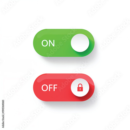 Interactive toggle switch design with on and off states, highlighting security and control for digital interfaces and system management