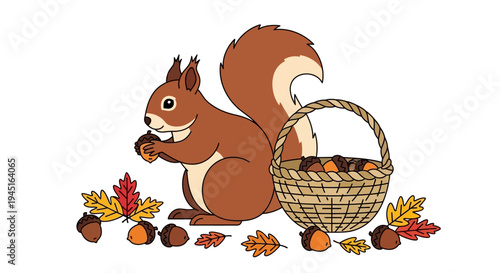 Happy Squirrel Eating an Acorn Beside a Woven Basket Filled with Nuts and Surrounding Autumn Leaves on an Isolated White Background, Fall Delights
