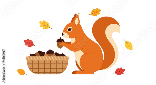 Cute Squirrel Holding an Acorn Next to a Basket of Nuts and Falling Autumn Leaves on an Isolated White Background, Harvest Time Activity