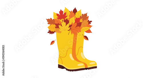 Single Yellow Rubber Boot Filled with Colorful Autumn Leaves and Berries on an Isolated White Background, Decorative Element for Fall Season