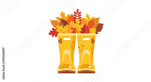 Pair of Yellow Rubber Boots Filled with Vibrant Autumn Leaves and Red Berries on an Isolated White Background, Symbolizing Fall Season and Warmth