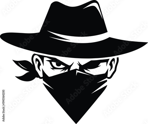 Bandit outlaw cowboy face silhouette with hat and mask wild west criminal character logo illustration design concept