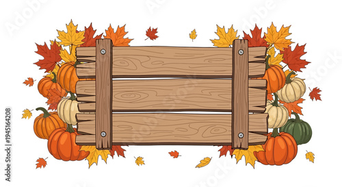 Rustic Wooden Crate Frame Bordered by Pumpkins, Gourds, and Colorful Autumn Leaves on an Isolated White Background
