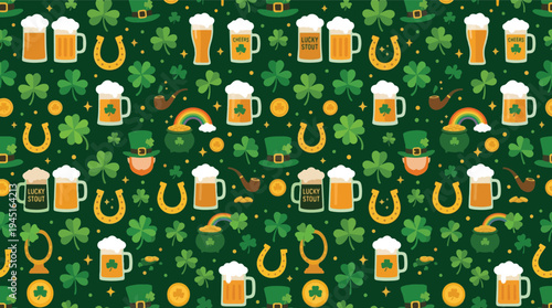 Festive Irish Celebration Pattern with St. Patrick's Day Elements. Seamless background featuring shamrocks, beer mugs, leprechaun hats, and lucky charms