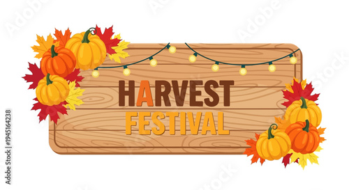 Wooden Harvest Festival Sign with String Lights Surrounded by Pumpkins, Gourds, and Colorful Autumn Leaves on an Isolated White Background