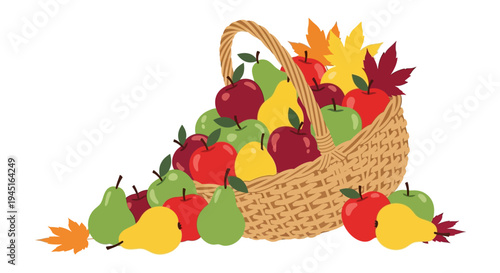 Overflowing Woven Basket with Abundant Red Apples, Green Pears, and Vibrant Autumn Leaves on an Isolated White Background