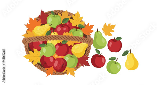 Scattered Red Apples, Green Pears, and Colorful Autumn Leaves on an Isolated White Background