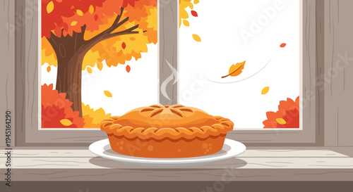 Freshly Baked Steaming Apple Pie with Lattice Top on White Plate, Wooden Windowsill Overlooking Vibrant Autumn Tree