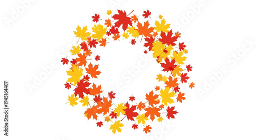 Colorful autumn maple leaves arranged in a decorative wreath on an isolated white background
