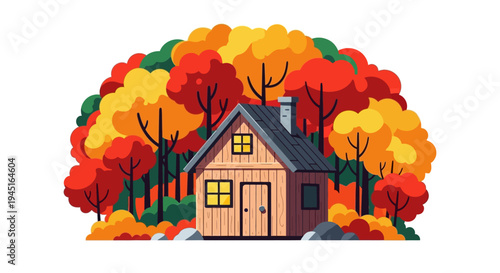 Charming Wooden House Completely Enveloped by Dense Vibrant Autumn Forest on an Isolated White Background