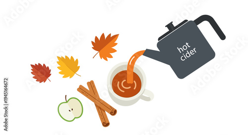 Top View of Black Teapot Pouring Hot Cider into Mug with Green Apple, Cinnamon, and Fall Leaves, Isolated White Background.
