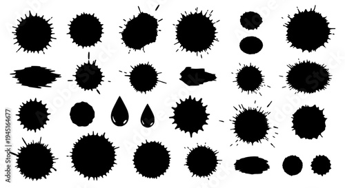 Inkblots black vector set with spattered ink drops and splatters on white background featuring graphic resources,