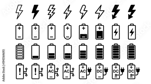 Black and white battery icons, lightning bolts, charging symbols, AC/DC power, plug connections, representing energy, electricity, technology, and power status.