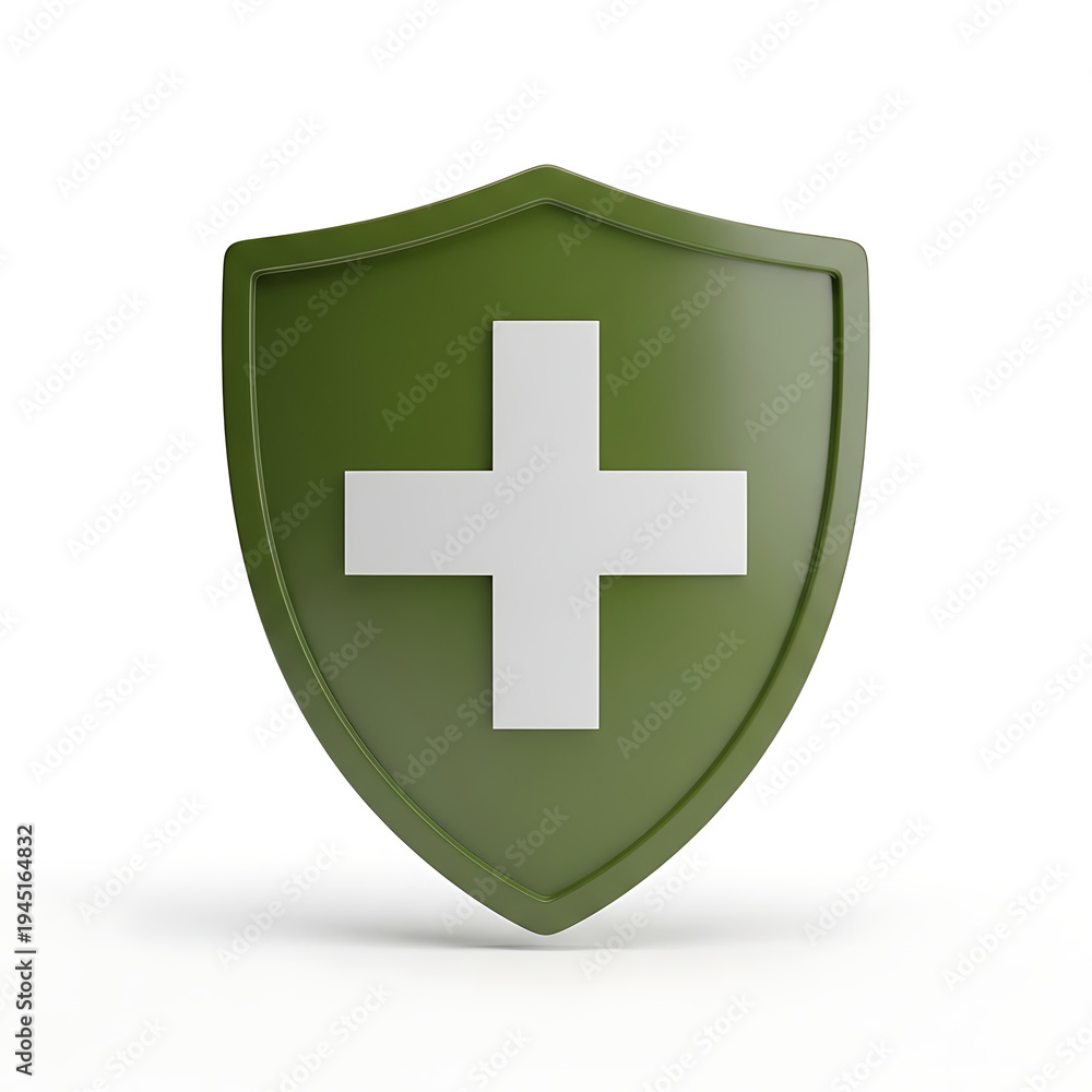 Fototapeta premium 3D green shield with a white plus sign symbol, protection concept