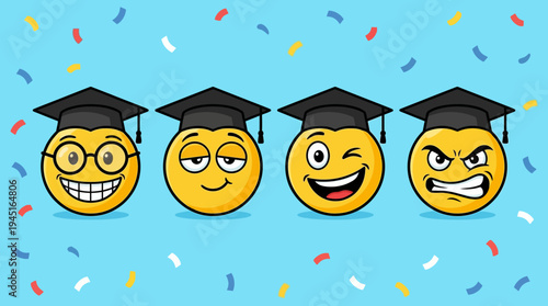 Graduation emoji faces with caps, diverse emotions, celebratory confetti background, symbolizing student reactions, achievement, humor, stress, and joy.