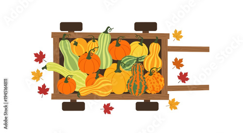 Rustic Wooden Cart Filled with Variety of Autumn Pumpkins and Gourds, Isolated White Background