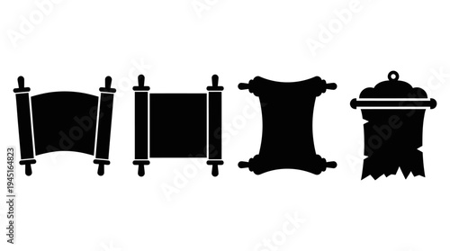 Black silhouette scroll icons, decorative parchment designs, symbolizing ancient texts, historical records, aged manuscripts, cultural heritage, and timeless communication.