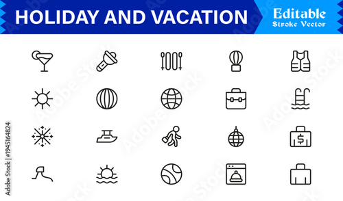 Holiday and Vacation Essentials – Professional Line Icon Set for Modern Travel Themes