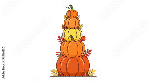 Festive Stack of Various Sized Pumpkins and Gourds with Autumn Leaves, Isolated White Background
