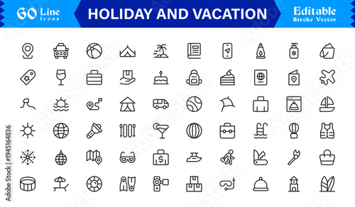 Holiday and Vacation Essentials – Professional Line Icon Set for Modern Travel Themes