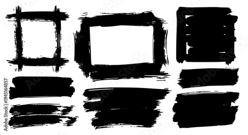 Frames grunge set with black brush strokes and rectangles for photo or text featuring design elements, illustration,