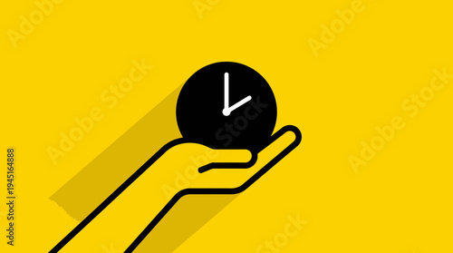 Bold yellow background, black hand holding clock, minimalist design, symbolizing time management, punctuality, urgency, productivity, discipline, awareness, control.
