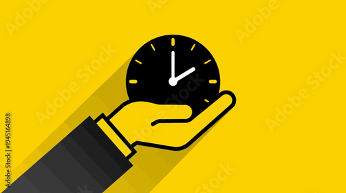 Bold yellow background, black hand holding clock, minimalist design, symbolizing time management, punctuality, urgency, productivity, discipline, awareness, control.
