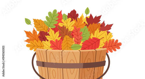 Simple Wooden Bucket Full of Assorted Autumn Leaves, Isolated White Background