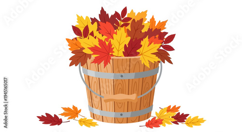 Traditional Wooden Bucket Bursting with Colorful Autumn Leaves, Isolated White Background