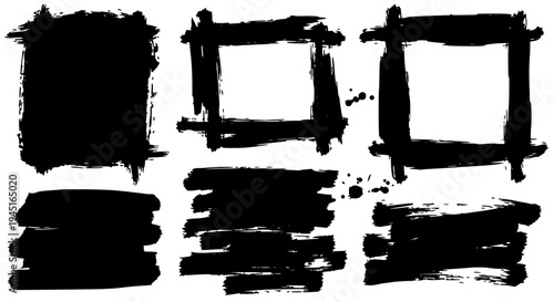 Frames hand drawn set with black grunge brush strokes and splatters on white featuring illustration, vector, graphic