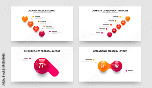 Creative Growth 4 5 1 2 Option Diagram Slideshow Layout Set. Advertising Planning Four Five One Two Element Chart Slide Design Vector Illustration Collection.