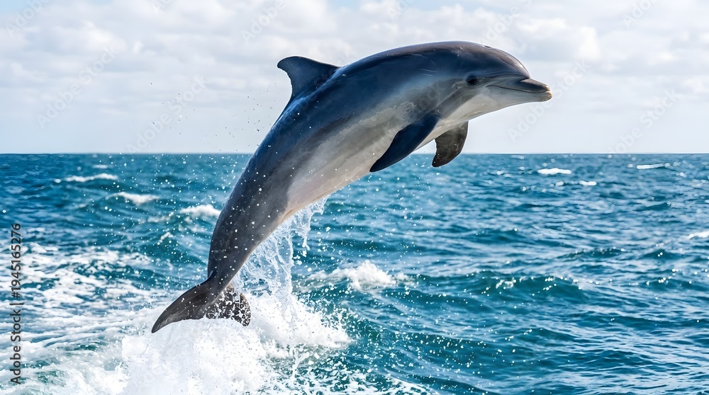 Fototapeta premium Graceful bottlenose dolphin leaps high above the churning ocean waves under a partly cloudy bright sky during an exciting marine wildlife excursion