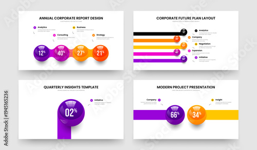 Elegant Innovation Four Five One Two Step Diagram Slide Layout Vector Illustration Set. Creative Introduction 4 5 1 2 Option Graph Slideshow Design Collection.