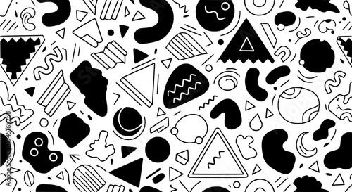 Triangles abstract memphis pattern with black shapes and lines on white background featuring triangle, shape, line with