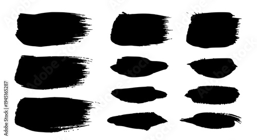 Brushstrokes black set with grunge texture and rough edges for artistic designs featuring brush marks, paint strokes,