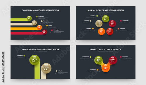 Modern Briefing 4 5 2 3 Option Diagram Slideshow Layout Collection. Educational Report Four Five Two Three Element Graph Frame Template Vector Illustration Set.