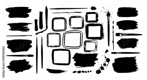 Brush stroke set with black rectangles and lines, abstract artistic elements featuring shapes, strokes, paint with