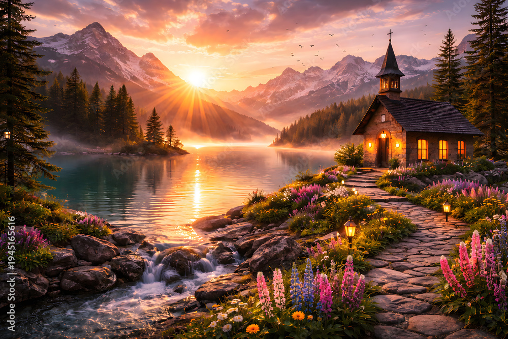 Naklejka premium A tranquil mountain lake scene at dawn, featuring a quaint illuminated chapel nestled among vibrant wildflowers and towering pines, bathed in the golden glow of a rising sun