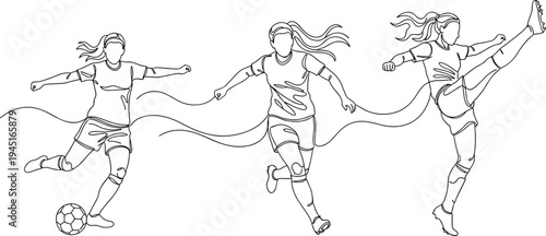 Minimal line art female soccer player action set dribbling running and kicking football isolated sports outline illustration