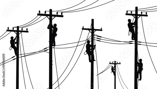 Electrician workers climbing utility poles in silhouette illustration style
