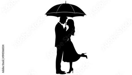 A romantic couple silhouette under an umbrella on a white background