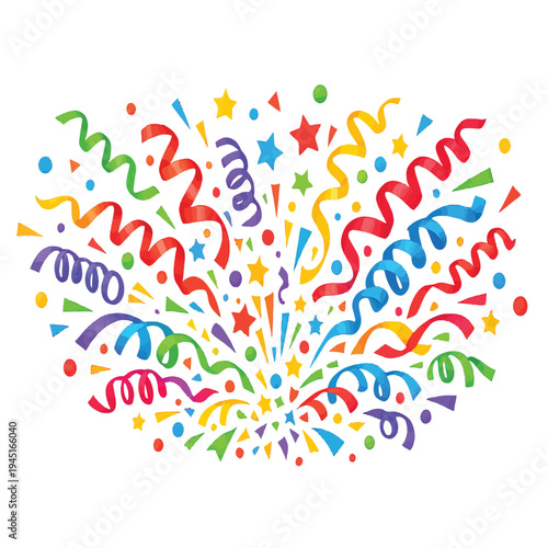  Colorful Confetti Explosion Celebration, Festive Party Streamers and Stars Burst Vector Illustration Isolated on White Background