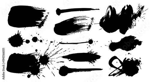 Brush strokes hand drawn set with black ink splatters and messy artistic effects on white background.