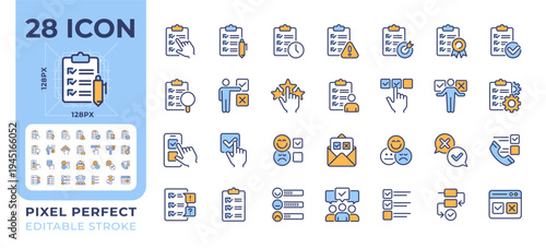 Survey pixel perfect line color icons set. Performance review, quality control. User feedback. Business management. Vector illustrations. Simple flat colorful symbols collection. Editable stroke