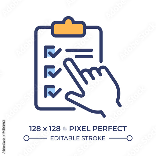 Survey checklist pixel perfect line color icon. Task management, todo list. Checked boxes. Performance analysis. Isolated vector illustration. Flat colorful symbol design. Editable stroke