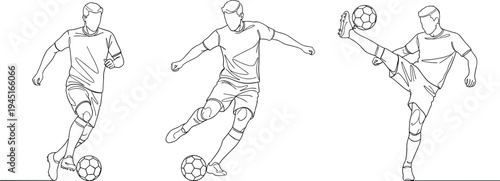 Minimal line art illustration of soccer player actions dribbling passing and kicking ball isolated sports training movement concept set collection