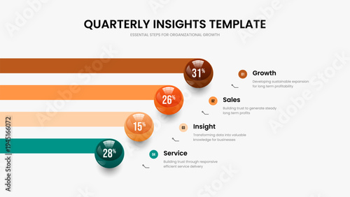 Elegant Insight Slideshow Design Vector Illustration. Marketing Solution Four Step Infographic Slide Template. Service Planning 4 Option Graph Presentation Layout.