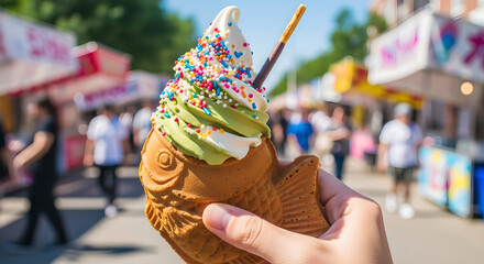A vibrant fish shaped waffle cone holds a colorful decorated soft serve ice cream treat