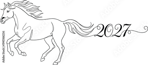 Minimal line art running horse with flowing mane and decorative 2027 typography elegant outline illustration for Chinese zodiac year concept