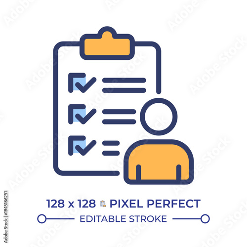Respondent profile pixel perfect line color icon. Employee evaluation. Performance reviews, personal requirements. Isolated vector illustration. Flat colorful symbol design. Editable stroke